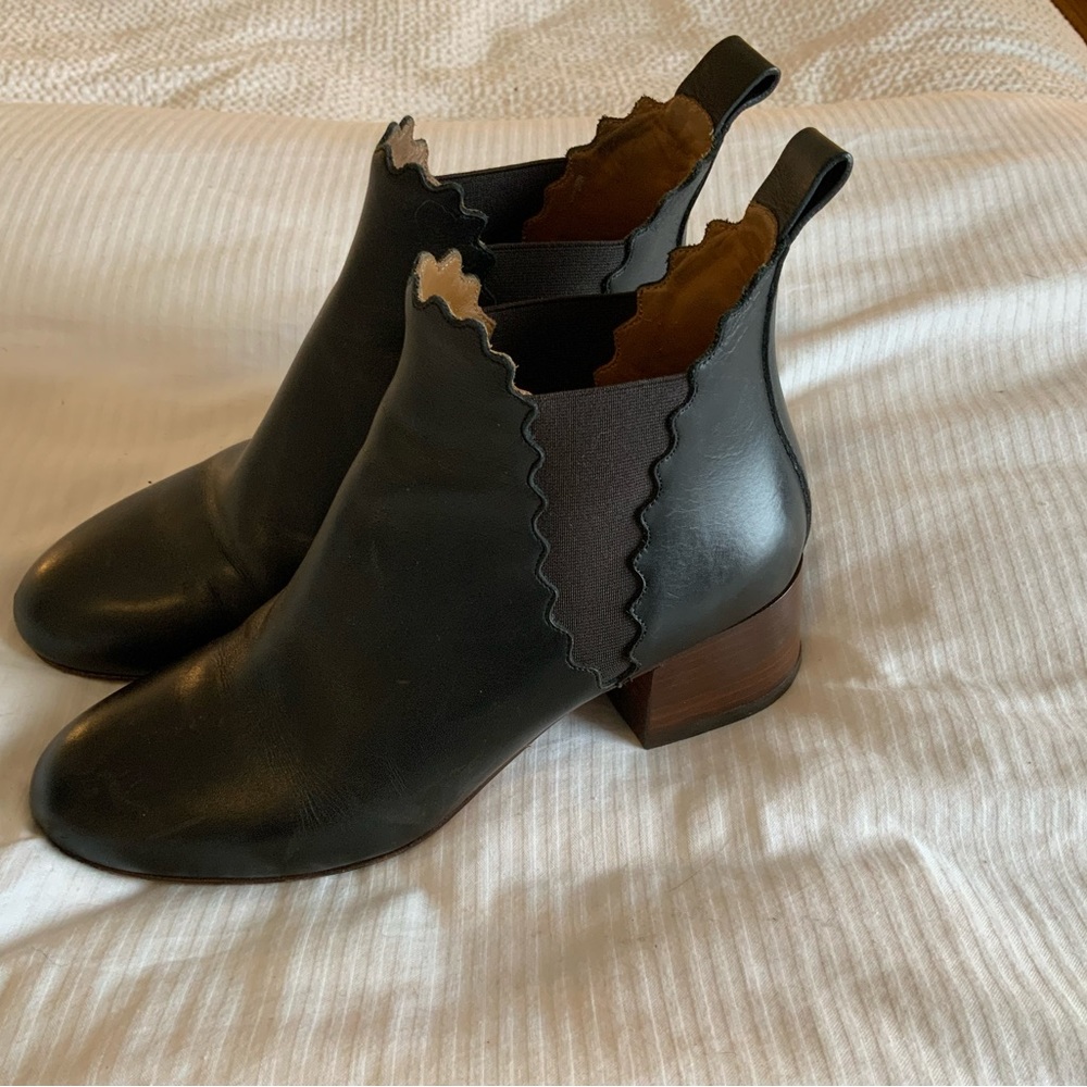Chloe Lauren scalloped black leather booties